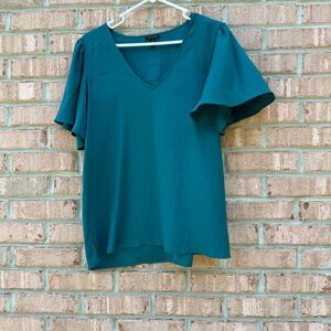 Teal V-Neck Flutter Sleeve Top
